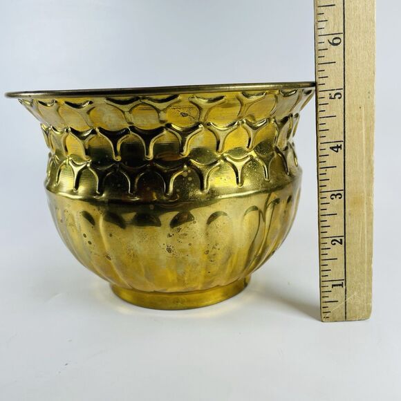 Vintage Brass Textured Planter Indoor Plant Pot Jardiniere 8in Diameter India - Picture 2 of 9